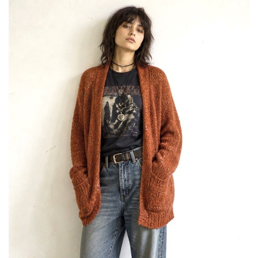 Free People Oh La La Cardigan Womens M Orange Open Knit Oversized Boho Grunge